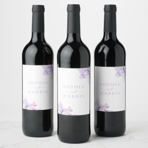 Beautiful Elegance Purple Floral Wedding Wine Label