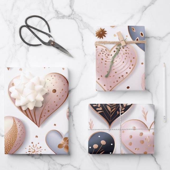 Beautiful Elegant 3D Hearts Wrapping Paper Sheets (Front)