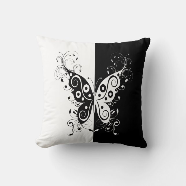 Beautiful elegant black and white butterfly swirls throw pillow (Front)