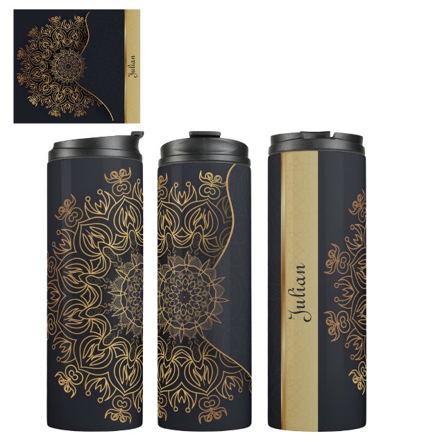 Beautiful Elegant Black Faux Gold Mandala   Thermal Tumbler (Beautiful elegant black and faux gold mandala for your friends or bridesmaids gifts. )