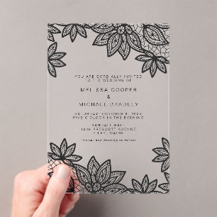 Beautiful Elegant Black Lace Wedding Acrylic Invitations