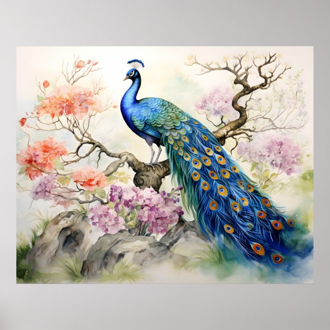 Beautiful Elegant Blue Green Peacock Fine Art  Poster (Front)