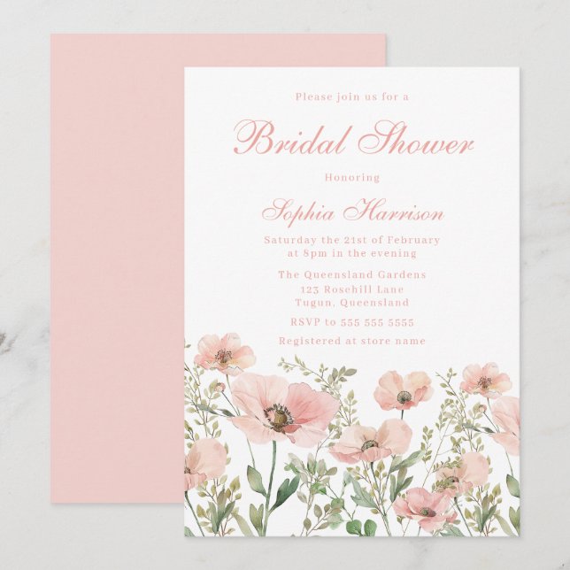 Beautiful Elegant Blush Wildflower Bridal Shower Invitation (Front/Back)