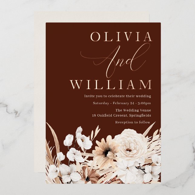 Beautiful Elegant Boho Floral Wedding Rose Gold Foil Invitation (Front/Back)