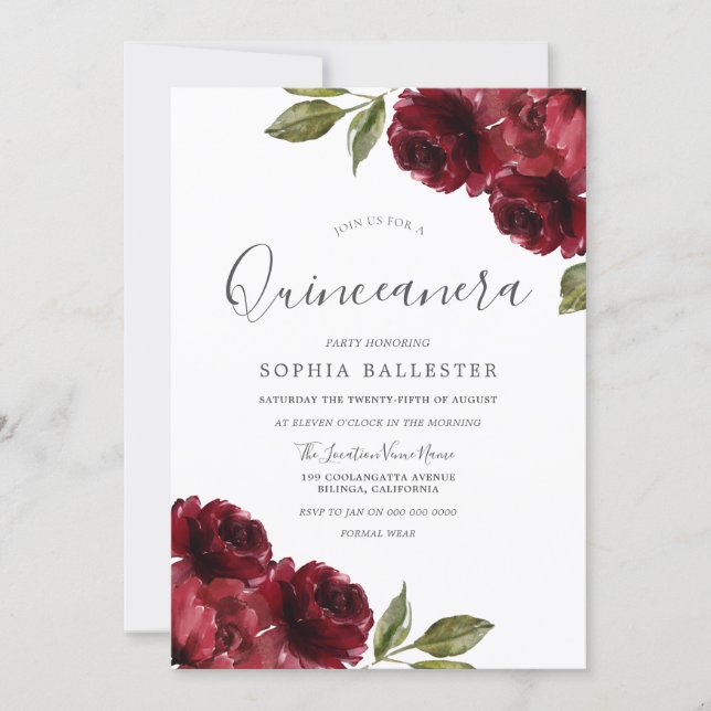 Beautiful Elegant Burgundy Red Flowers Quinceanera Invitation (Front)