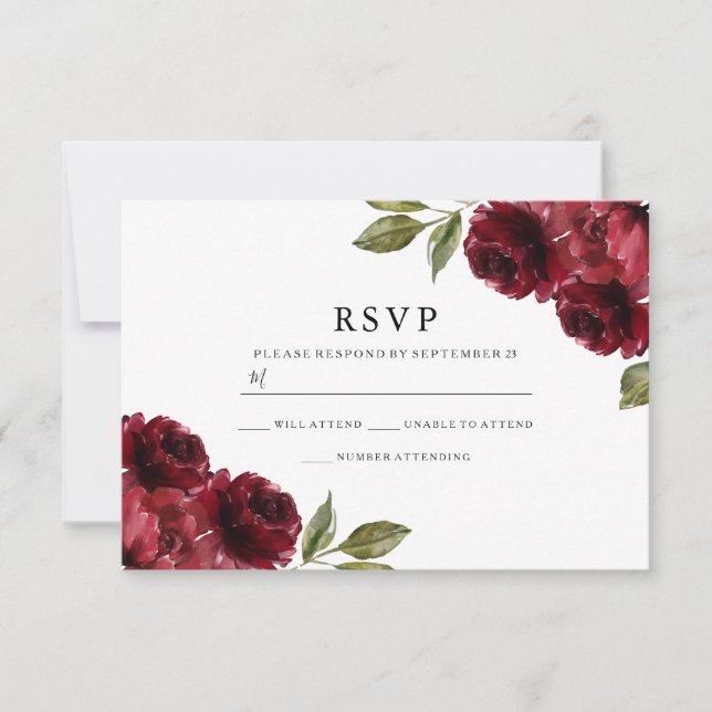 Beautiful Elegant Burgundy Red Flowers Wedding RSVP Card (Front)