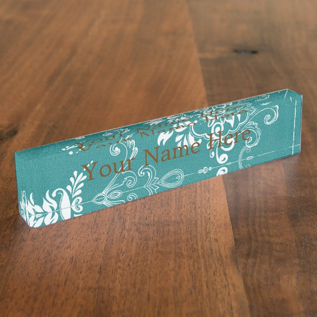 Beautiful, elegant, classic teal and white desk name plate (Side)