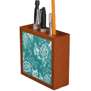 Beautiful, elegant, classic teal and white desk organizer