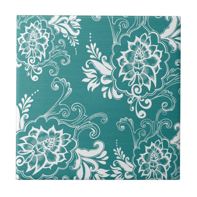 Beautiful, elegant, classic, teal and white floral tile (Front)