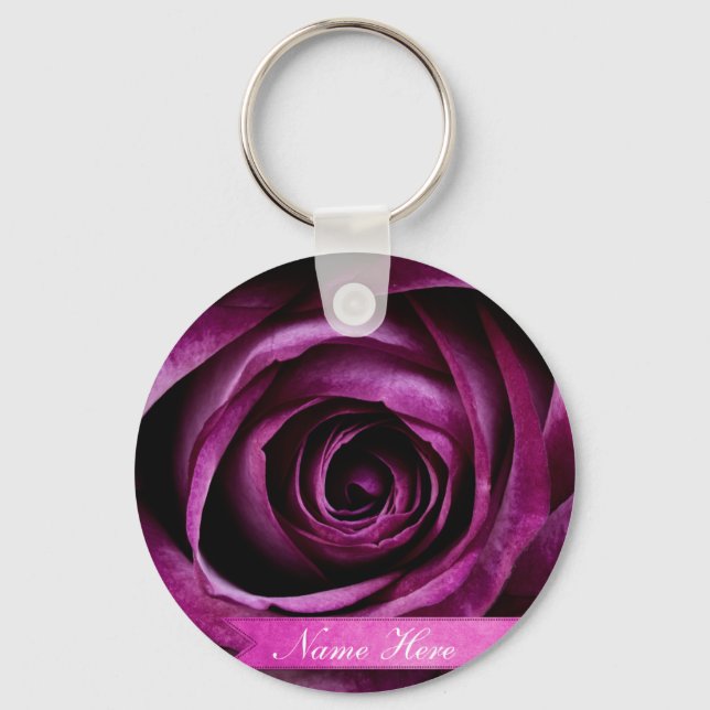 Beautiful Elegant Dramatic Purple Rose with Ribbon Keychain (Front)