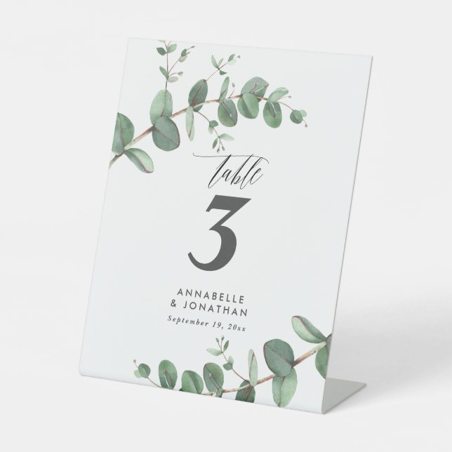 Beautiful elegant eucalyptus foliage wedding table pedestal sign (Front)