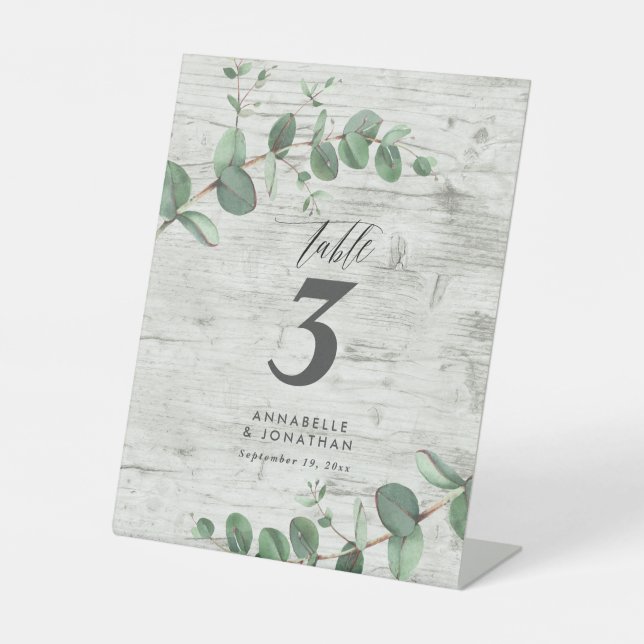 Beautiful elegant eucalyptus foliage wedding table pedestal sign (Front)