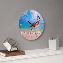 Beautiful Elegant Flamingo On Beach Watercolor Art Large Clock