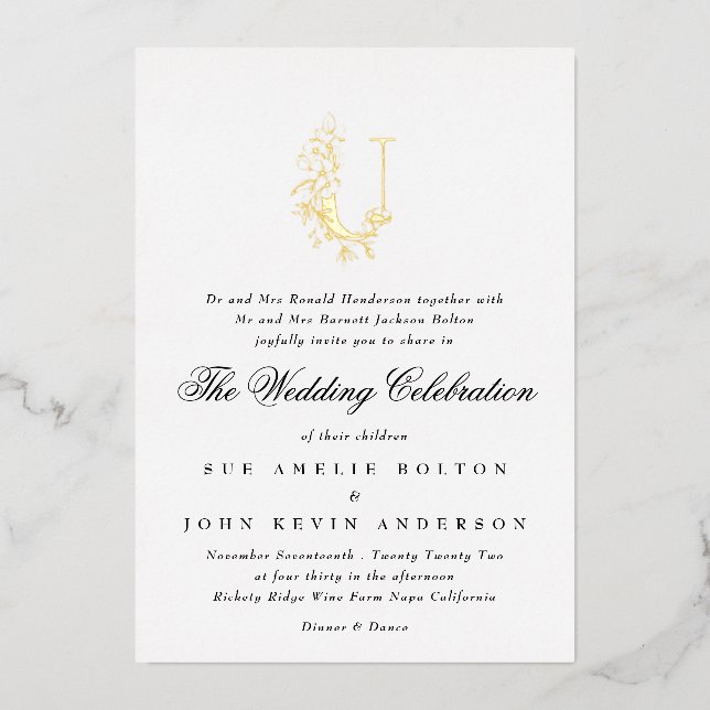 Beautiful Elegant Floral GOLD Monogram Wedding Foil Invitation (Front)