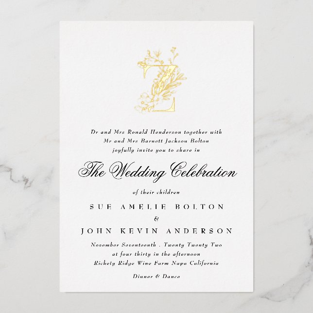 Beautiful Elegant Floral GOLD Monogram Wedding Foil Invitation (Front)