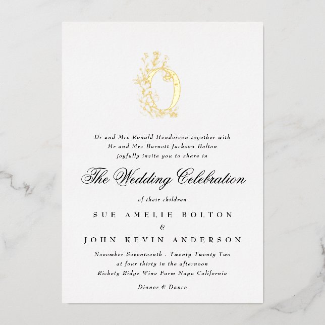 Beautiful Elegant Floral GOLD Monogram Wedding Foil Invitation (Front)