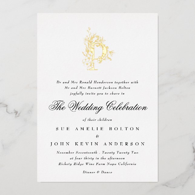 Beautiful Elegant Floral GOLD Monogram Wedding Foil Invitation (Front)