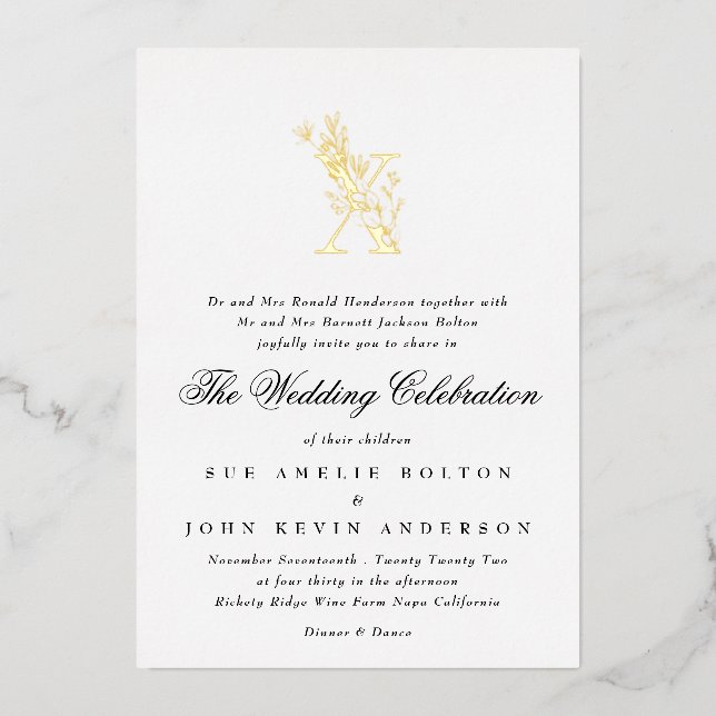 Beautiful Elegant Floral GOLD Monogram Wedding Foil Invitation (Front)