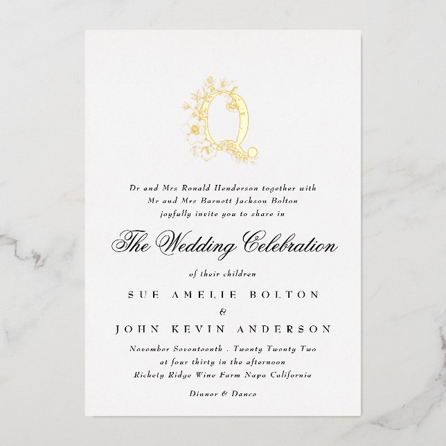 Beautiful Elegant Floral GOLD Monogram Wedding Foil Invitation (Front)