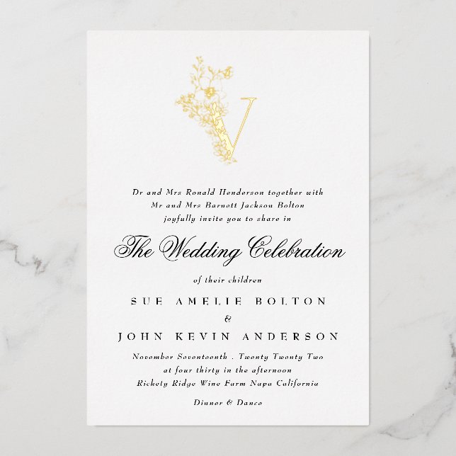 Beautiful Elegant Floral GOLD Monogram Wedding Foil Invitation (Front)