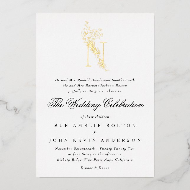 Beautiful Elegant Floral GOLD Monogram Wedding Foil Invitation (Front)