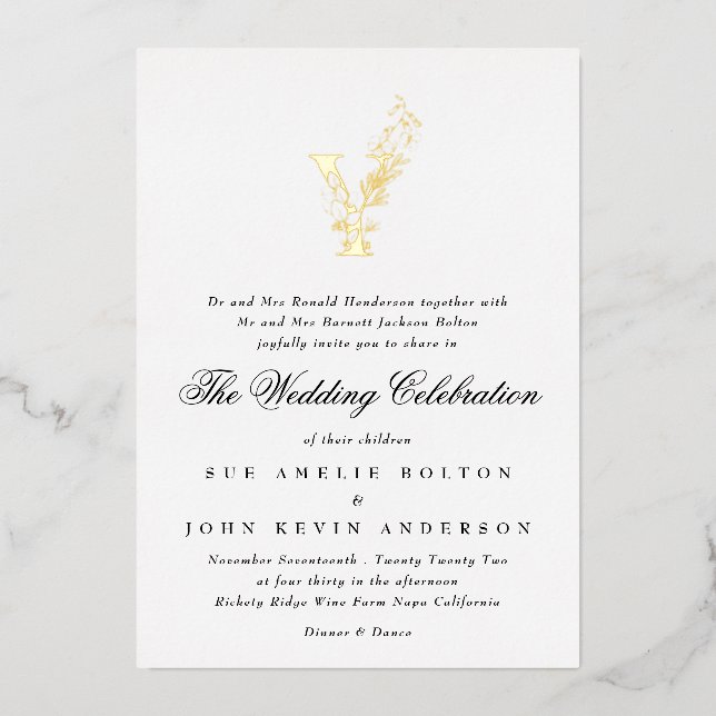 Beautiful Elegant Floral GOLD Monogram Wedding Foil Invitation (Front)