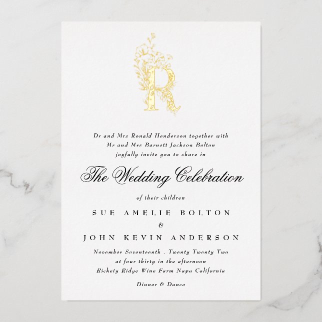 Beautiful Elegant Floral GOLD Monogram Wedding Foil Invitation (Front)