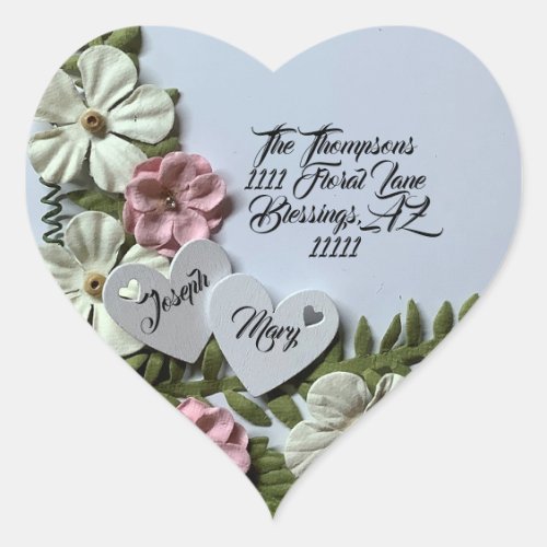 Beautiful Elegant Flowers White Hearts with Names Heart Sticker