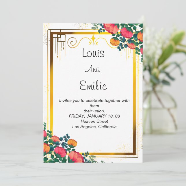 Beautiful Elegant Gloden Floral Pattern Invitation (Standing Front)
