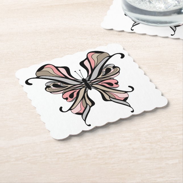 Beautiful elegant gray pink black butterfly fantas paper coaster (Angled)