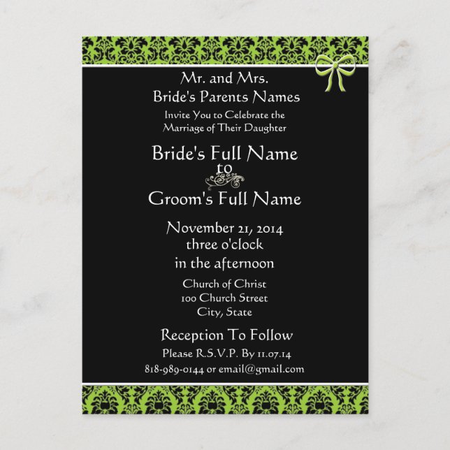 Beautiful Elegant Green Damask Wedding Invitation Postcard (Front)