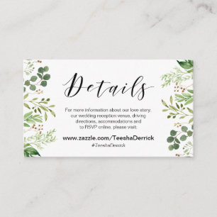 Beautiful Elegant Greenery, Black, Wedding Details Enclosure Card