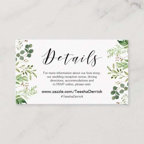 Beautiful Elegant Greenery Black Wedding Details Enclosure Card