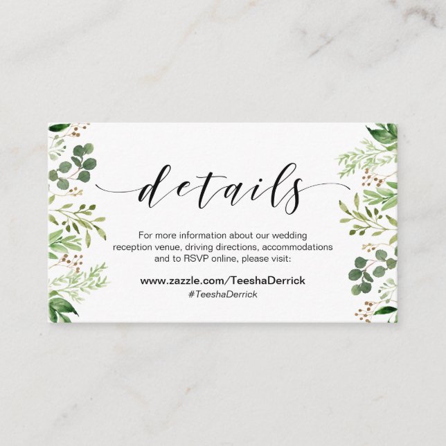 Beautiful Elegant Greenery, Black, Wedding Details Enclosure Card (Front)