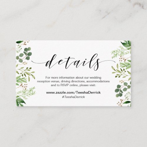 Beautiful Elegant Greenery Black Wedding Details Enclosure Card