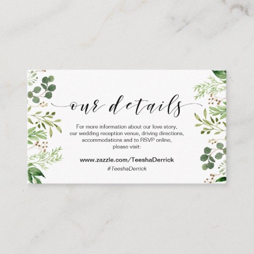 Beautiful elegant Greenery Our Wedding Details Enclosure Card