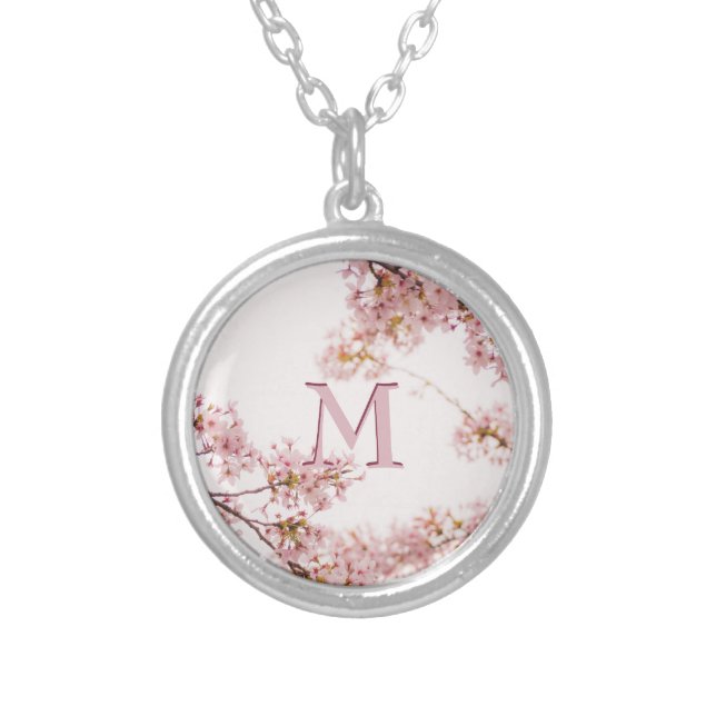 Beautiful Elegant Monogram Pink Floral  Silver Plated Necklace (Front)