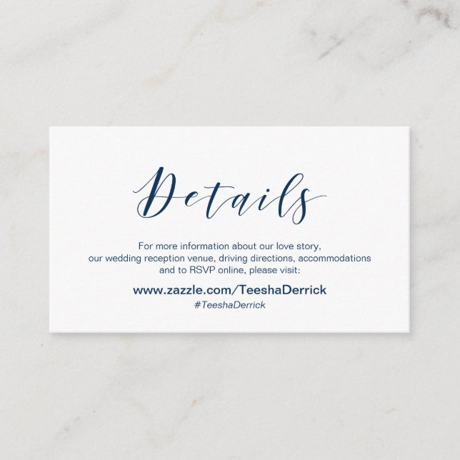 Beautiful Elegant, Navy Blue font, Wedding Details Enclosure Card (Front)