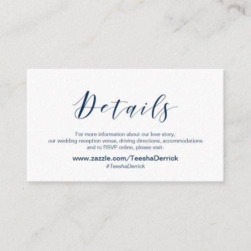 Beautiful Elegant Navy Blue font Wedding Details Enclosure Card