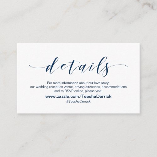 Beautiful Elegant Navy Blue font Wedding Details Enclosure Card
