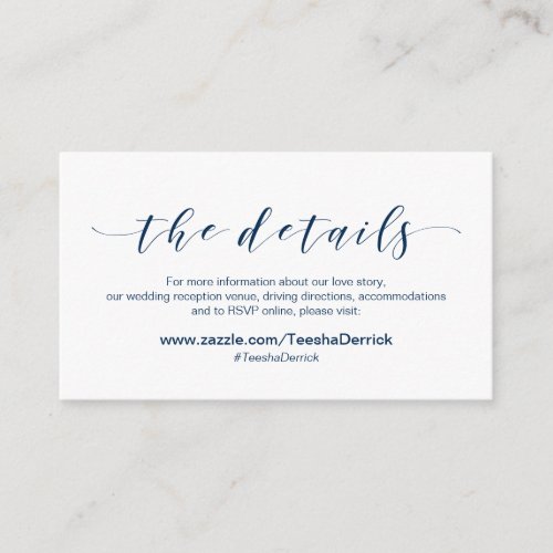 Beautiful Elegant Navy Script Wedding Details Enclosure Card