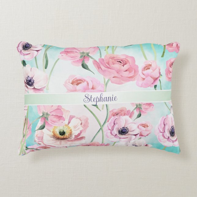 Beautiful Elegant Pink Floral Roses Monogram with  Accent Pillow (Front)