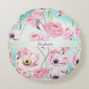 Beautiful Elegant Pink Floral Roses Monogram with Round Pillow