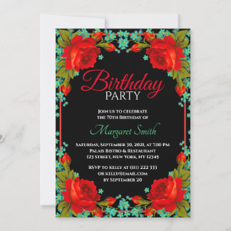 Beautiful Elegant Red Roses Birthday Party Invite