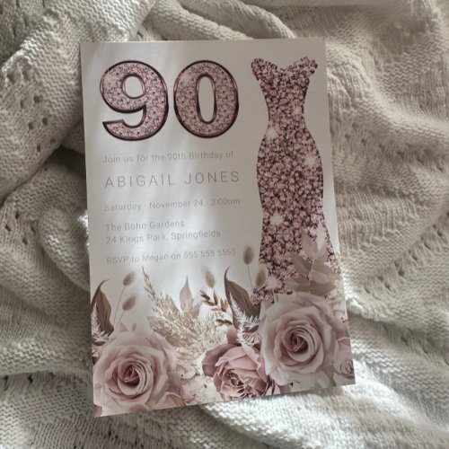 Beautiful Elegant Roses Blush Dress 90th Birthday Invitation