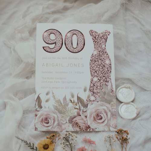 Beautiful Elegant Roses Blush Dress 90th Birthday Invitation