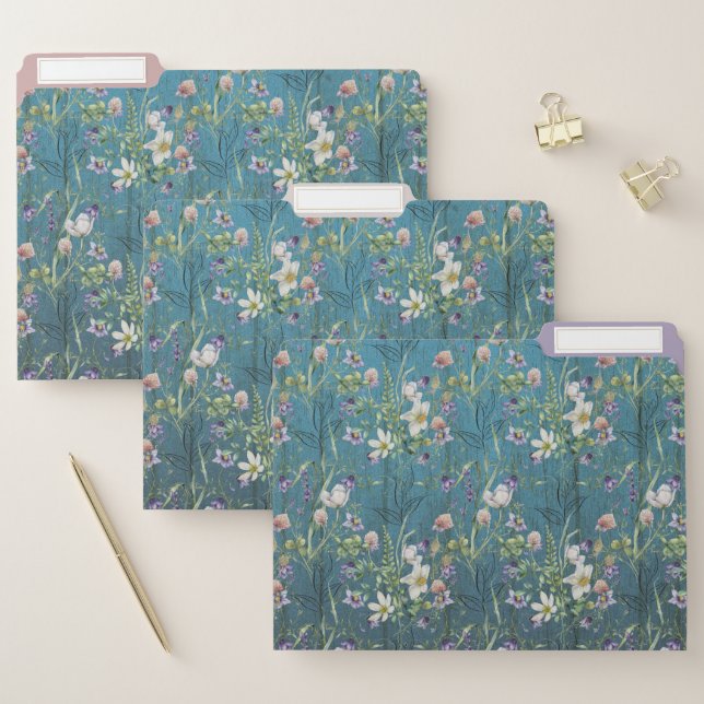 Beautiful Elegant Rustic Wildflowers On Teal Wood File Folder (Set)