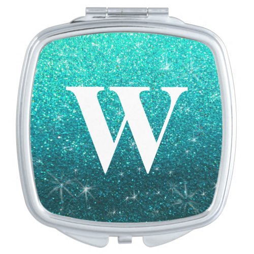 Beautiful Elegant Turquoise Blue Glitter Monogram Compact Mirror
