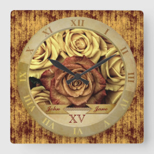 Beautiful Elegant Vintage Yellow Roses Gold Ribbon Square Wall Clock