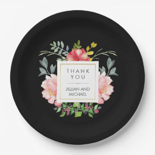 Beautiful Elegant Watercolor Peonies on Black Paper Plates